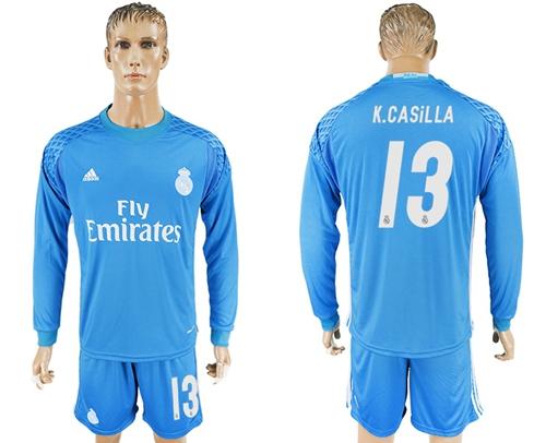Real Madrid #13 K.Casilla Sky Blue Goalkeeper Long Sleeves Soccer Club Jersey - Click Image to Close